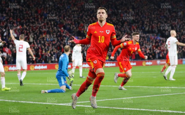 191119 - Wales v Hungary, European Cup 2020 Qualifier - Aaron Ramsey of Wales celebrates after he scores his second goal