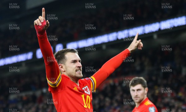 191119 - Wales v Hungary, European Cup 2020 Qualifier - Aaron Ramsey of Wales celebrates after he scores his second goal