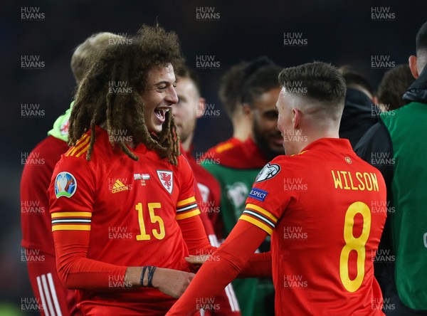191119 - Wales v Hungary, European Cup 2020 Qualifier - Ethan Ampadu of Wales and Harry Wilson of Wales celebrate at the end of the match