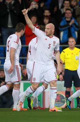 050314 - Wales v Iceland - Vauxhall International Friendly - James Collins of Wales celebrates scoring the first goal of the game