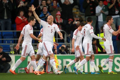 050314 - Wales v Iceland - Vauxhall International Friendly - James Collins of Wales celebrates scoring the first goal of the game