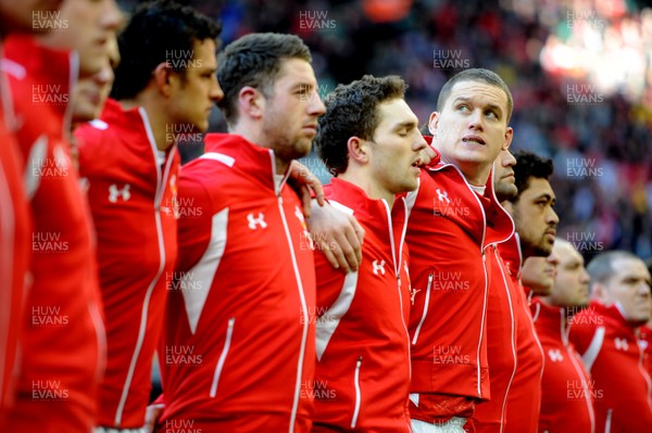 020213 - Wales v Ireland - RBS Six Nations -Ian Evans of Wales lines up for the national anthems