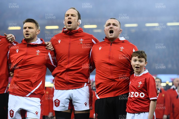 040223 - Wales v Ireland - Guinness Six Nations - Dan Biggar, Alun Wyn Jones and Ken Owens of Wales during the anthems