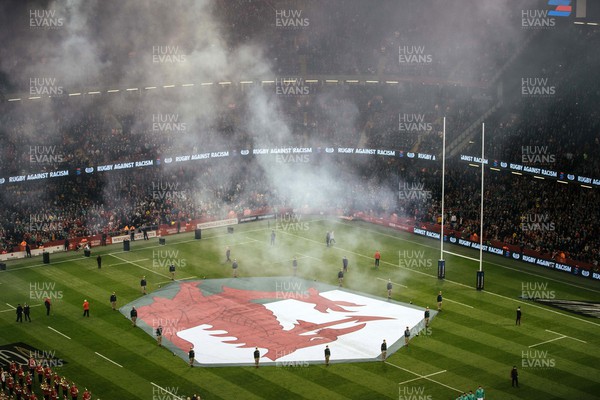 040223 - Wales v Ireland - Guinness Six Nations Championship - Smoke fills the stadium
