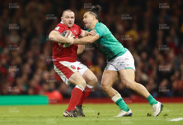 040223 - Wales v Ireland, Guinness Six Nations 2023 - Ken Owens of Wales is held by James Lowe of Ireland