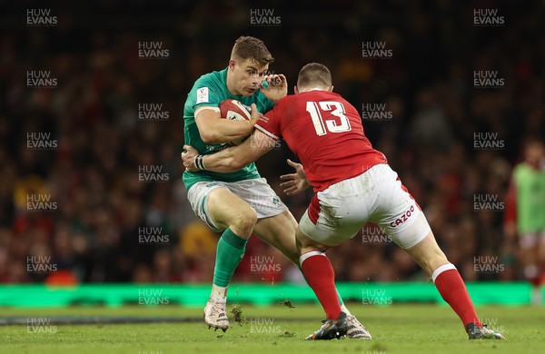 040223 - Wales v Ireland, Guinness Six Nations 2023 - Garry Ringrose of Ireland is tackled by George North of Wales