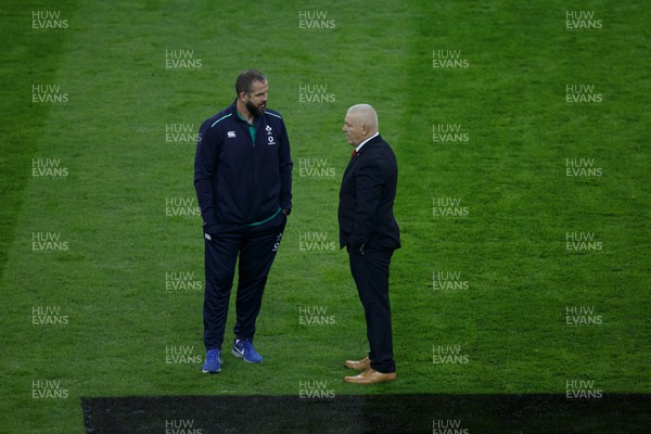 040223 - Wales v Ireland - Guinness Six Nations - Wales head coach Warren Gatland and Ireland head coach Andy Farrell talk before the match