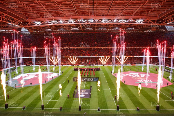 040223 - Wales v Ireland - Guinness Six Nations - Prematch pyrotechnics at Principality Stadium