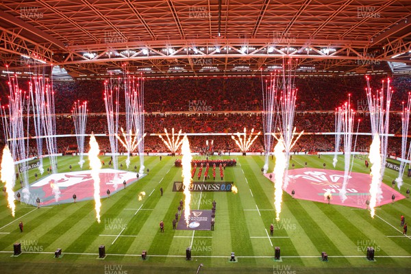 040223 - Wales v Ireland - Guinness Six Nations - Prematch pyrotechnics at Principality Stadium