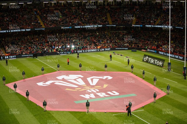 040223 - Wales v Ireland - Guinness Six Nations - WRU logo on the pitch before the match