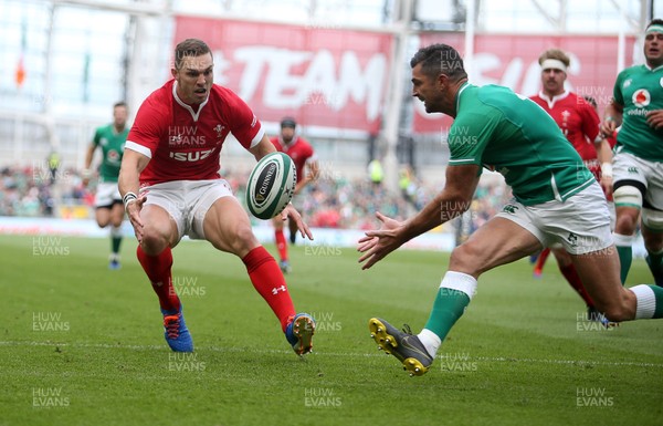 070919 - Wales v Ireland - Guinness Series 2019 - RWC Warm Up - Rob Kearney of Ireland snatches the ball away from George North of Wales