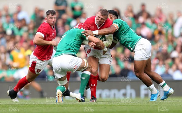 070919 - Wales v Ireland - Guinness Series 2019 - RWC Warm Up - Hadleigh Parkes of Wales is tackled by Josh van der Flier and Bundee Aki of Ireland