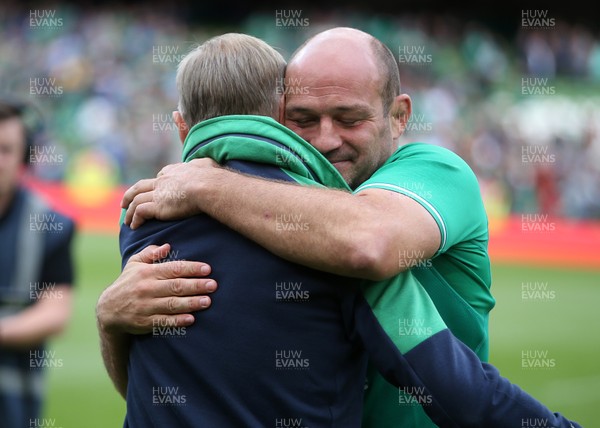 070919 - Wales v Ireland - Guinness Series 2019 - RWC Warm Up - An emotional Rory Best of Ireland hugs Head Coach Joe Schmidt
