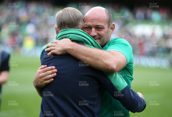 070919 - Wales v Ireland - Guinness Series 2019 - RWC Warm Up - An emotional Rory Best of Ireland hugs Head Coach Joe Schmidt