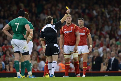 080815 - Wales v Ireland - Dove Men Series 2015 -Referee Glen Jackson shows Ross Moriarty of Wales a yellow card