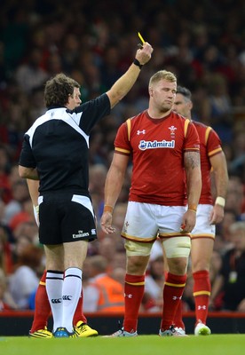 080815 - Wales v Ireland - Dove Men Series 2015 -Referee Glen Jackson shows Ross Moriarty of Wales a yellow card