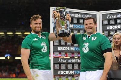 080815 - Wales v Ireland - Dove Men Series 2015 -Jamie Heaslip and Mike Ross of Ireland lift the winners trophy