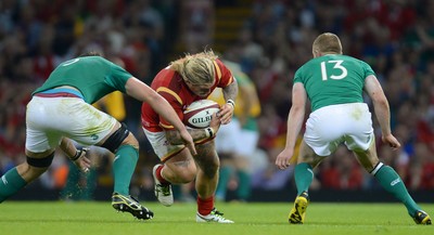 080815 - Wales v Ireland - Dove Men Series 2015 -Richard Hibbard of Wales is tackled by Donnacha Ryan and Keith Earls of Ireland