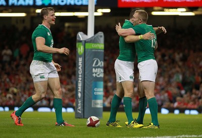 080815 - Wales v Ireland - Dove Mens Series - Keith Earls of Ireland celebrates with team mates after scoring a try