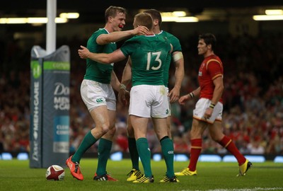 080815 - Wales v Ireland - Dove Mens Series - Keith Earls of Ireland celebrates with team mates after scoring a try