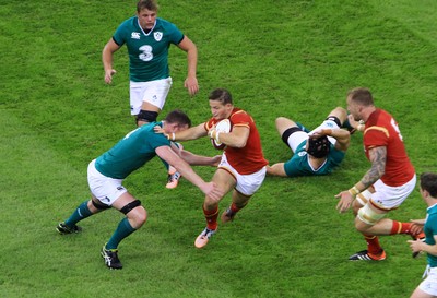 080815 - Wales v Ireland - Dove Men+Care Test - Hallam Amos of Wales takes on Iain Henderson of Ireland