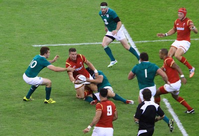 080815 - Wales v Ireland - Dove Men+Care Test - Scott Williams of Wales offloads to Eli Walker