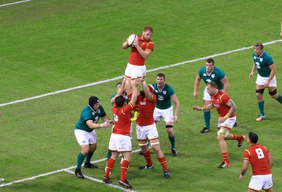 080815 - Wales v Ireland - Dove Men+Care Test - Dan Baker of Wales takes lineout ball