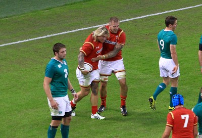 080815 - Wales v Ireland - Dove Men+Care Test - Richard Hibbard(L) of Wales celebrates his try with Dominic Day