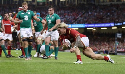 080815 - Wales v Ireland, Dove Men Tests 2015 - Richard Hibbard of Wales races in to score try