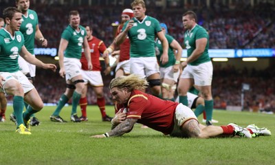 080815 - Wales v Ireland, Dove Men Tests 2015 - Richard Hibbard of Wales races in to score try