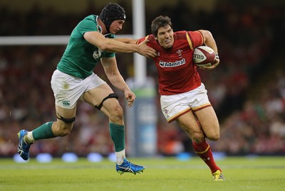 080815 - Wales v Ireland, Dove Men Tests 2015 - James Hook of Wales looks to hold off Tommy O'Donnell of Ireland 