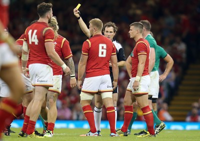 080815 - Wales v Ireland, Dove Men Tests 2015 - Ross Moriarty of Wales is shown a yellow card