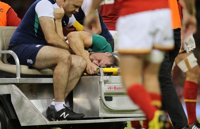 080815 - Wales v Ireland, Dove Men Tests 2015 - Tommy O'Donnell of Ireland is taken from the pitch after being injured