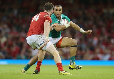 080815 - Wales v Ireland, Dove Men Tests 2015 - Simon Zebo of Ireland takes on Alex Cuthbert of Wales 