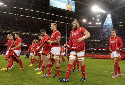 080815 - Wales v Ireland - Dove Men Series - The Wales team remove their jackets to reveal the new World Cup shirt