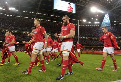 080815 - Wales v Ireland - Dove Men Series - The Wales team remove their jackets to reveal the new World Cup shirt