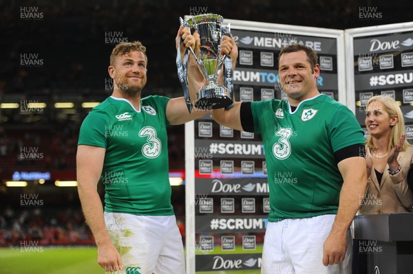 080815 - Wales v Ireland - Dove Men Series 2015 -Jamie Heaslip and Mike Ross of Ireland lift the winners trophy