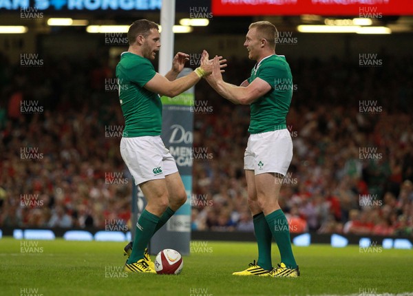 080815 - Wales v Ireland - Dove Mens Series - Keith Earls of Ireland celebrates with team mates after scoring a try