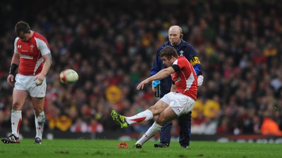 12.03.11 - Wales v Ireland - RBS Six Nations 2011 - Leigh Halfpenny of Wales kicks at goal. 