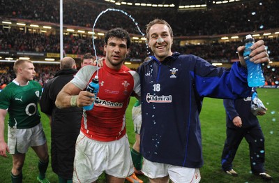 12.03.11 - Wales v Ireland - RBS Six Nations 2011 - Mike Phillips and Ryan Jones of Wales celebrate at the end of the game after winning their 50th caps. 
