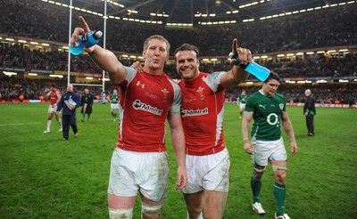 12.03.11 - Wales v Ireland - RBS Six Nations 2011 - Bradley Davies and Jamie Roberts of Wales celebrate at the end of the game. 