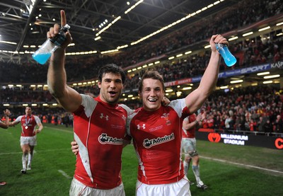 12.03.11 - Wales v Ireland - RBS Six Nations 2011 - Mike Phillips and Jonathan Davies of Wales celebrate at the end of the game. 