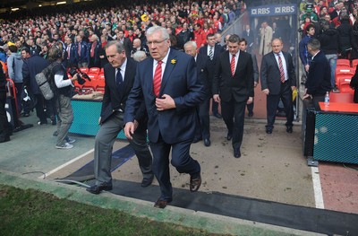 12.03.11 - Wales v Ireland - RBS Six Nations 2011 - IRFU President Caleb Powell(L) and WRU President Dennis Gethin walk onto the pitch to observe a minute silence in honour of the Japan earthquake victims. 