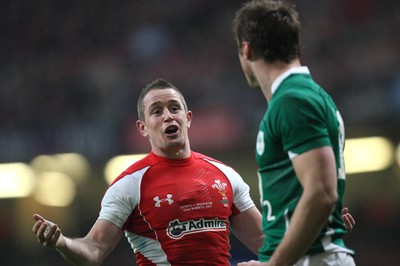 12.03.11... Wales v Ireland, RBS 6 Nations -  Wales' Shane Williams explains the situation to Ireland's Tommy Bowe   