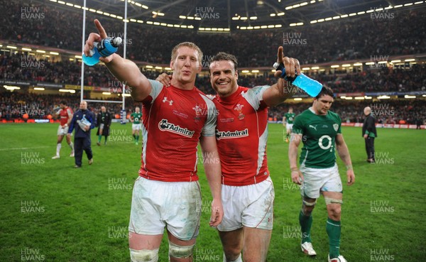12.03.11 - Wales v Ireland - RBS Six Nations 2011 - Bradley Davies and Jamie Roberts of Wales celebrate at the end of the game. 