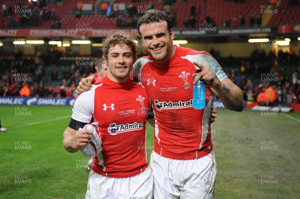 12.03.11 - Wales v Ireland - RBS Six Nations 2011 - Leigh Halfpenny and Jamie Roberts of Wales celebrate at the end of the game. 