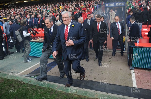 12.03.11 - Wales v Ireland - RBS Six Nations 2011 - IRFU President Caleb Powell(L) and WRU President Dennis Gethin walk onto the pitch to observe a minute silence in honour of the Japan earthquake victims. 