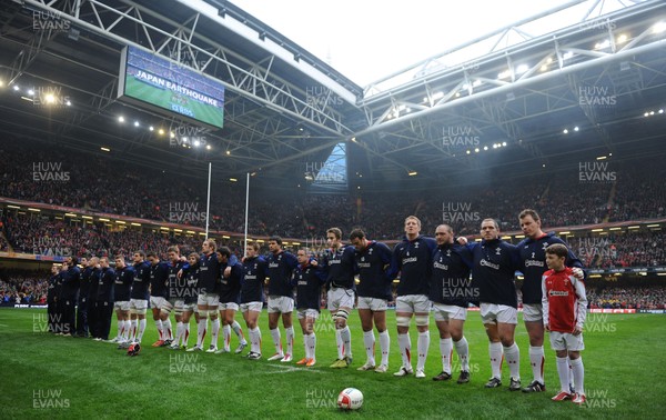 12.03.11 - Wales v Ireland - RBS Six Nations 2011 - Wales players observe a minute silence in honour of the Japan earthquake victims. 