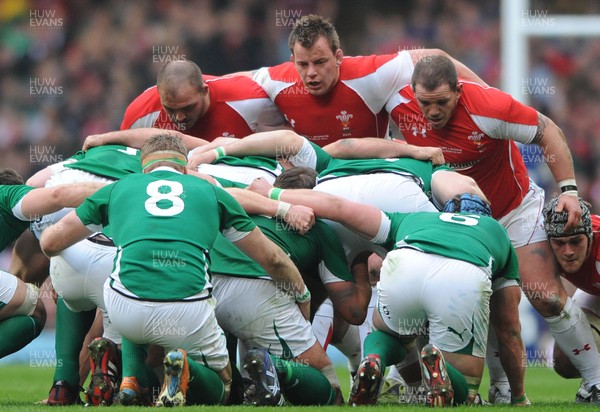 12.03.11 - Wales v Ireland - RBS Six Nations 2011 - Craig Mitchell, Matthew Rees and Paul James of Wales. 