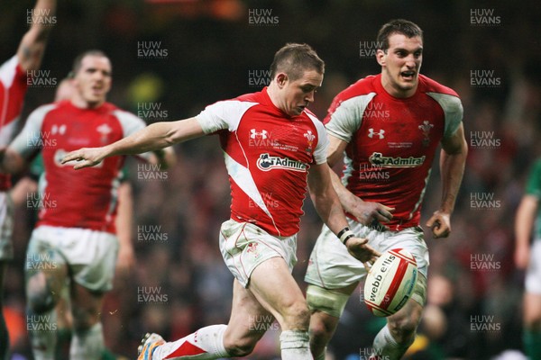 12.03.11 Wales v Ireland ... Wales Shane Williams kicks the ball out to end the game and victory for Wales. 